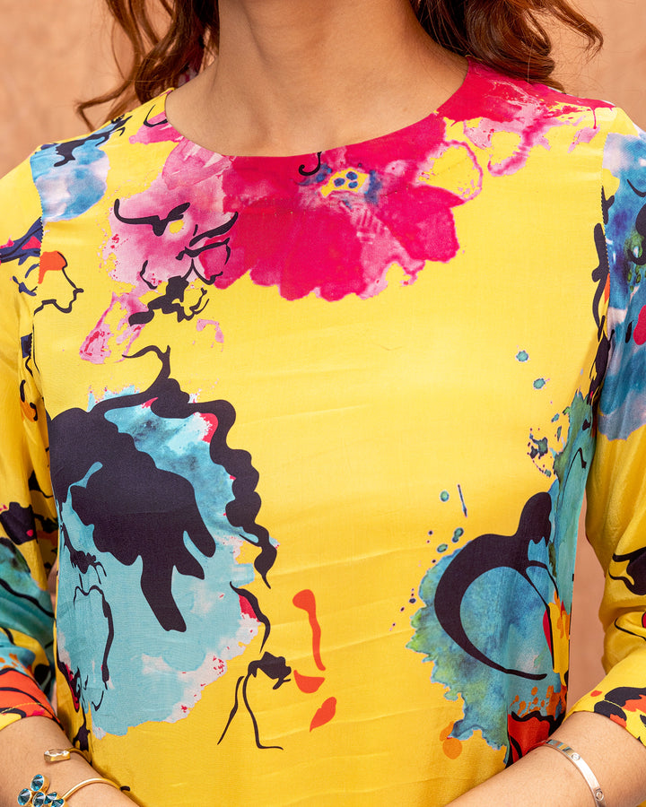 Yellow Aquarelle Blossom Kurta Set