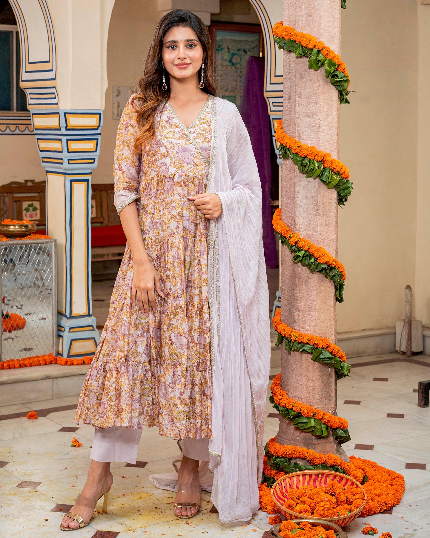 WHITE MULTICOLORED FLORAL EMBROIDERED SUIT SET