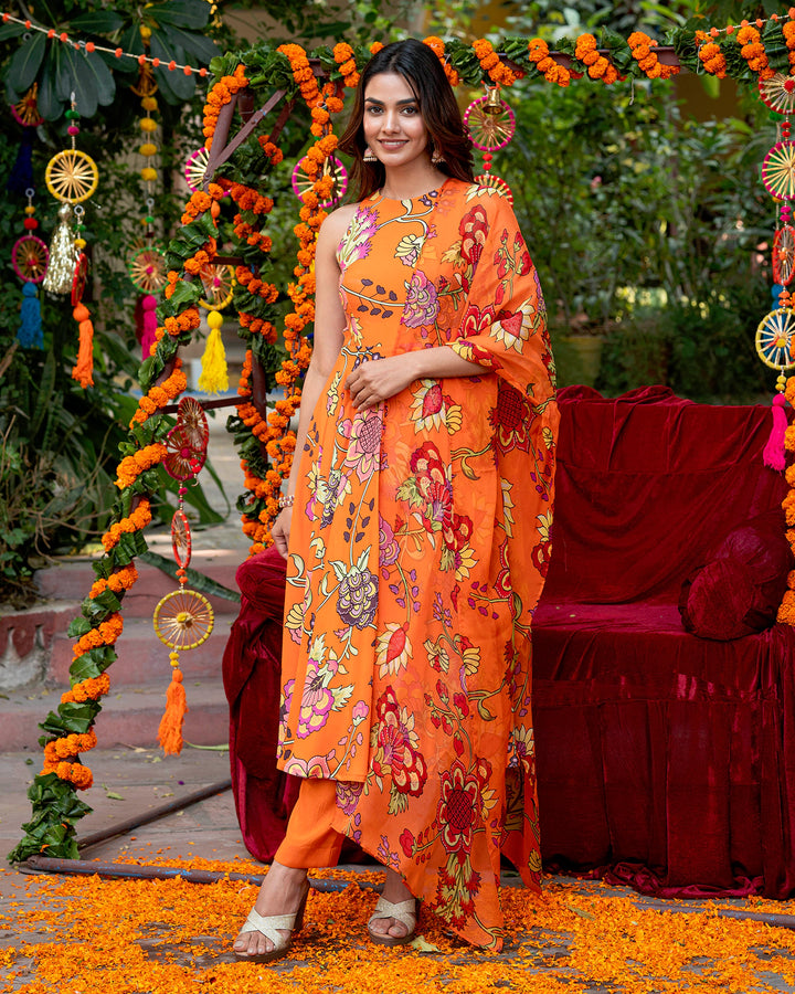 Orange Floral-Stroked Suit Set