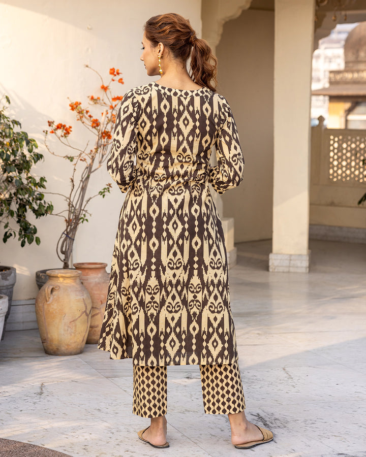 Umber Contrasting Ikat Kurta Set