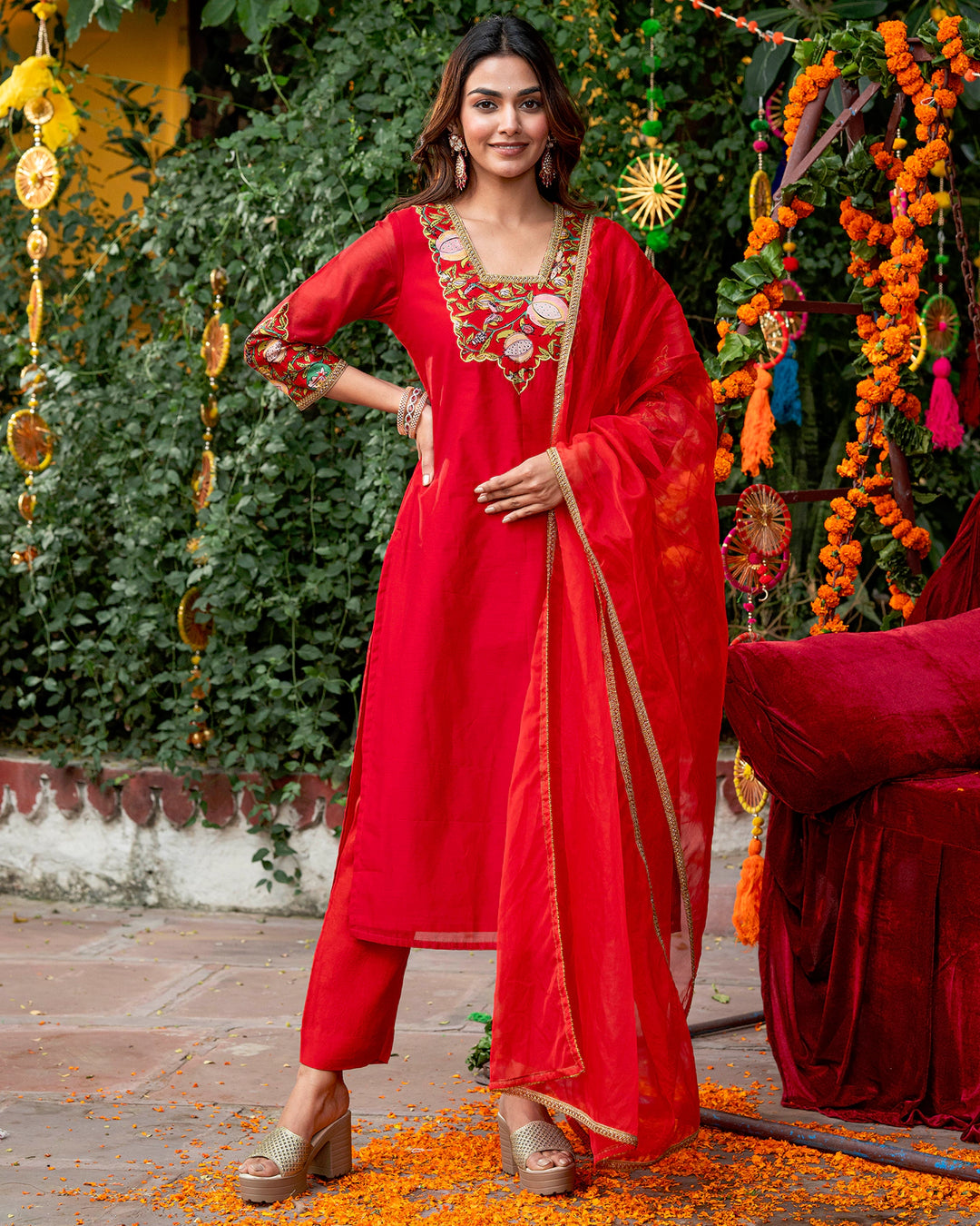 Red Floral-Hem Suit Set