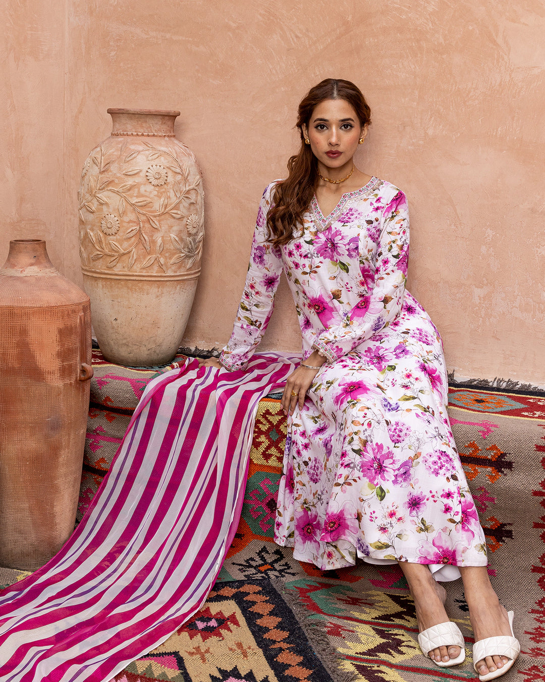 White Stripe & Floral Suit Set