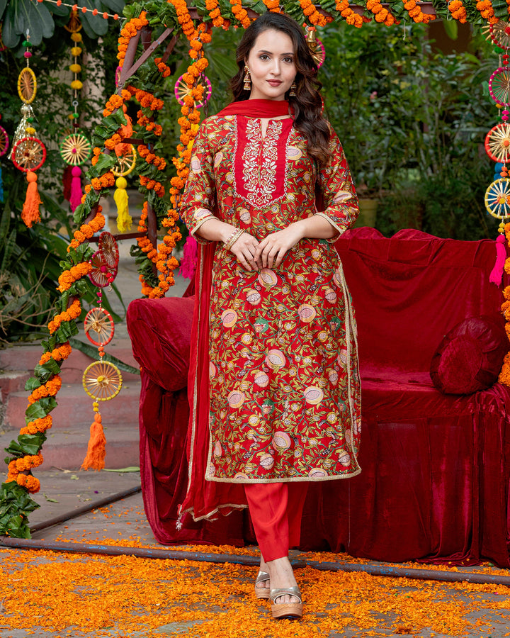 Red Floral Vine Suit Set