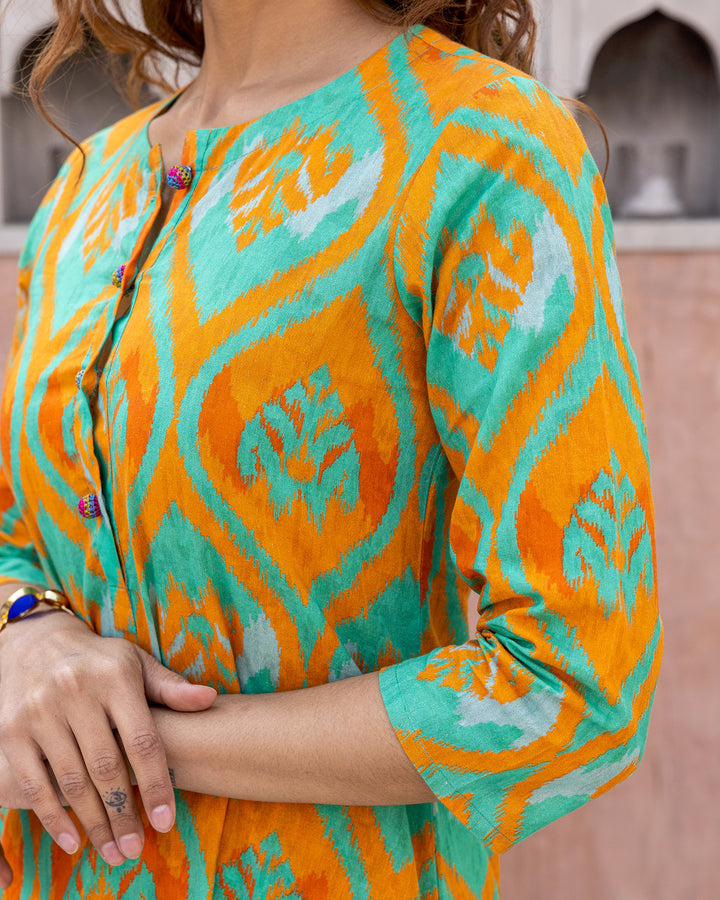 Orange Contrasting Ikat Kurta Set