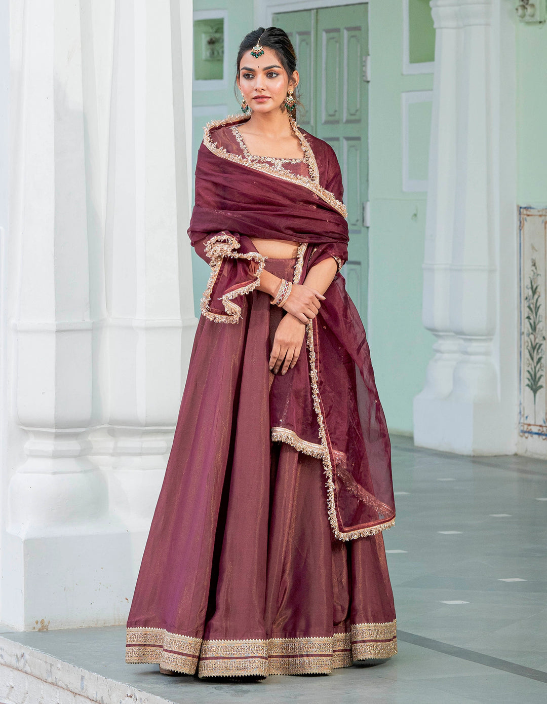 Wine Kalidaar Tissue Lehenga Set