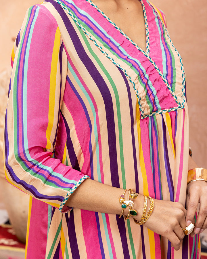 Pink Blossom & Stripes Kurta Set