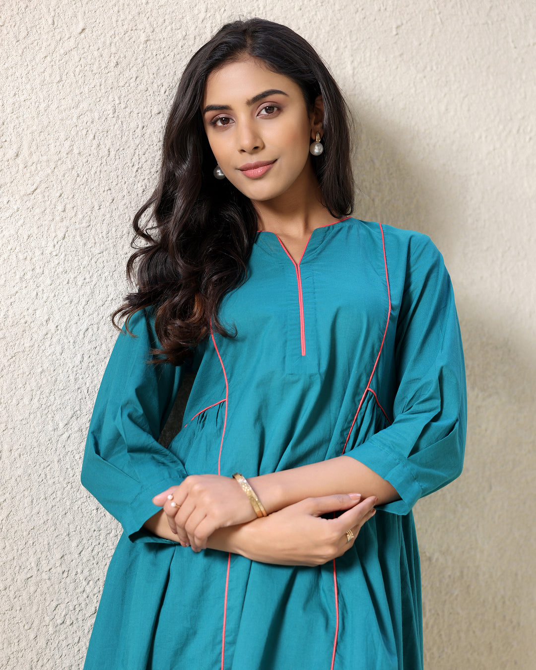 A-line Collar Teal Kurta Set