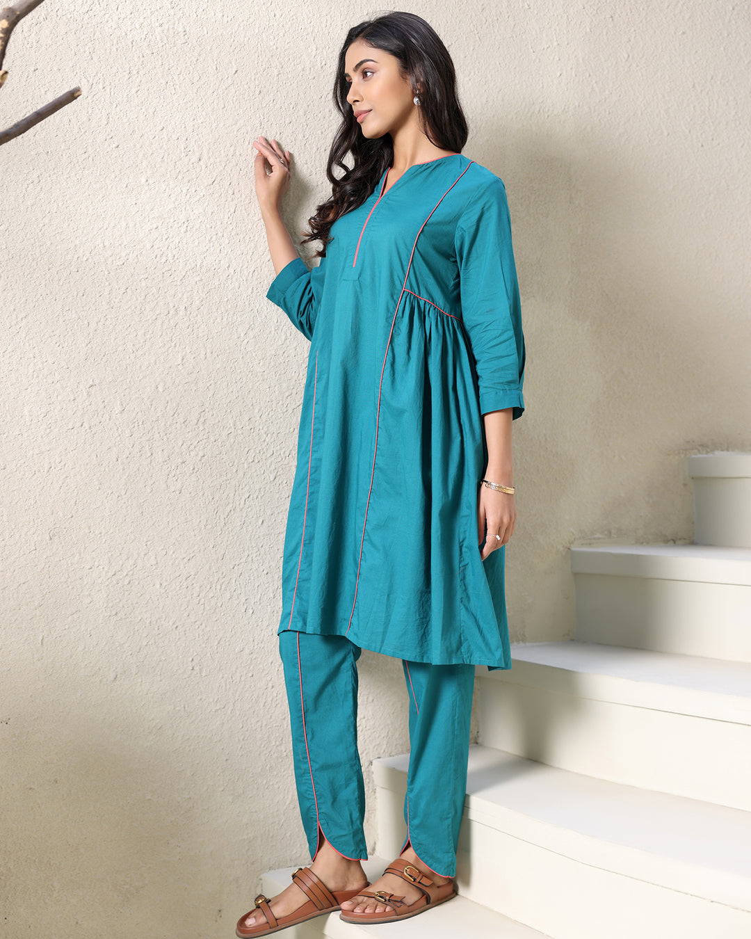 A-line Collar Teal Kurta Set