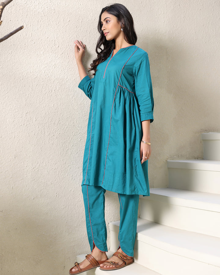 A-line Collar Teal Kurta Set