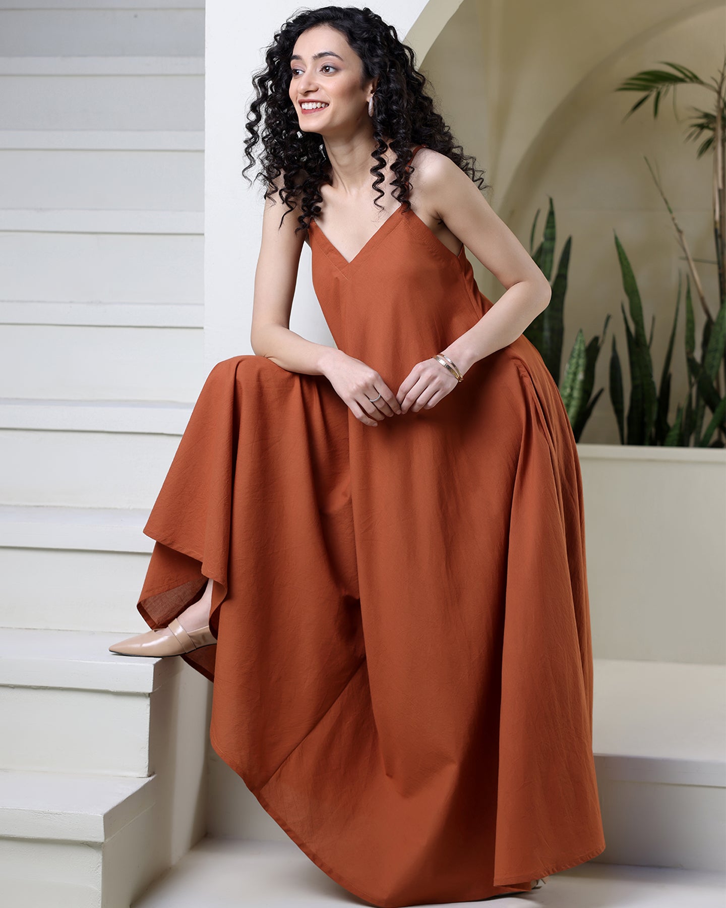 Buy Rust Strappy Cotton Maxi Dress Online in India – Ambraee