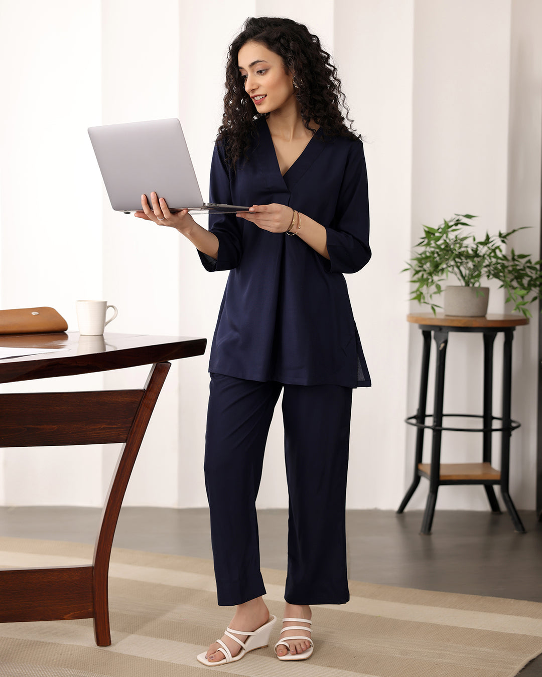 V-neck Black Cotton Co-ord Set