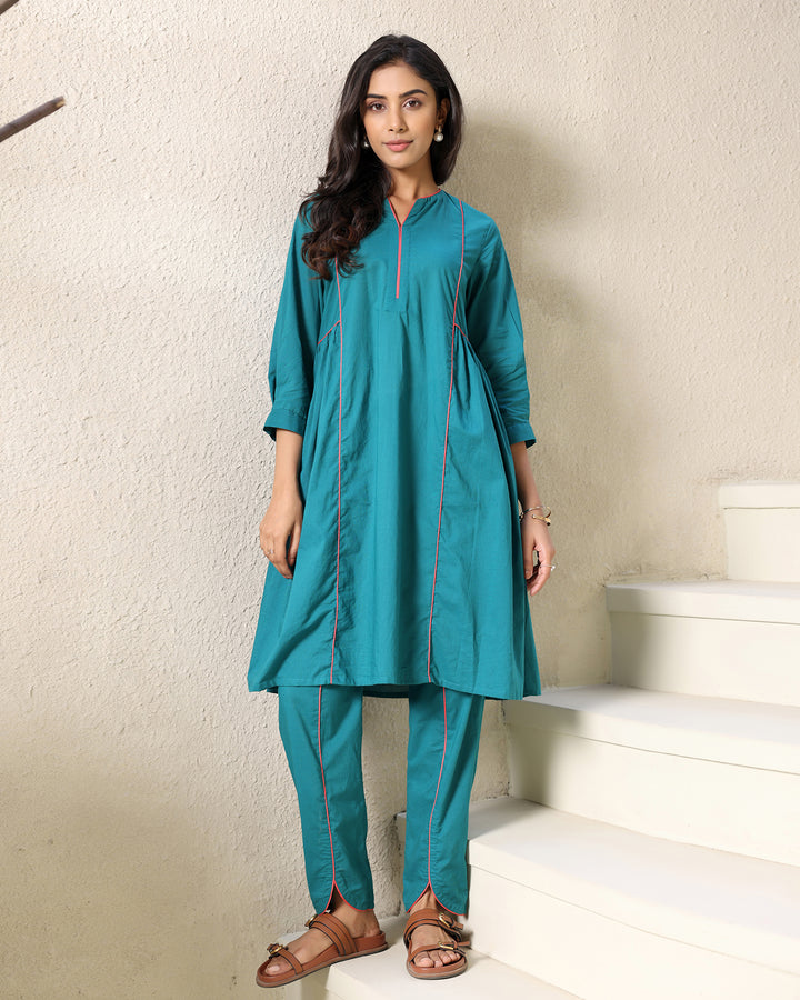 A-line Collar Teal Kurta Set