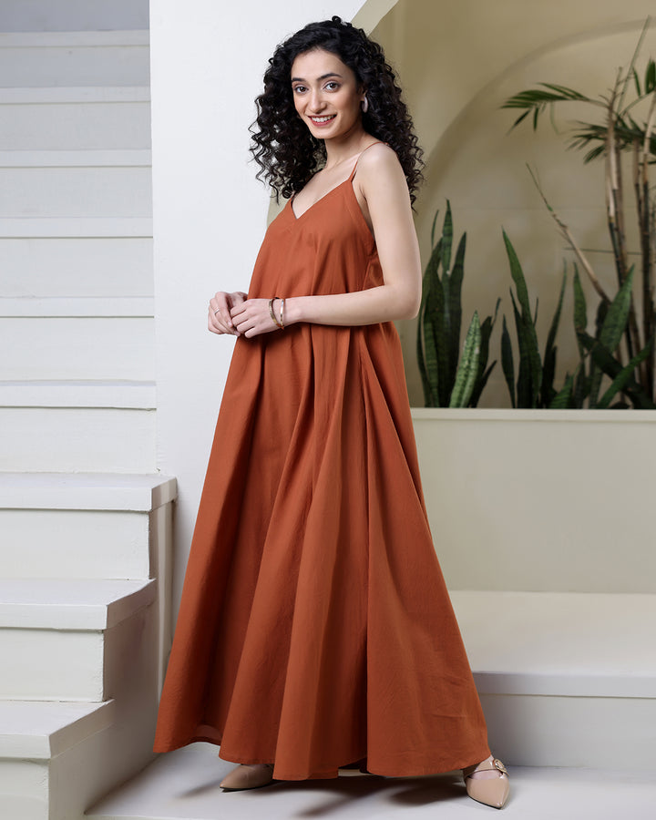 Rust Strappy Cotton Maxi Dress