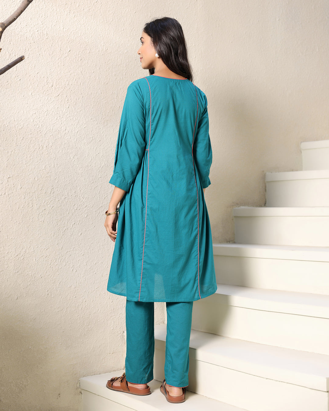 A-line Collar Teal Kurta Set