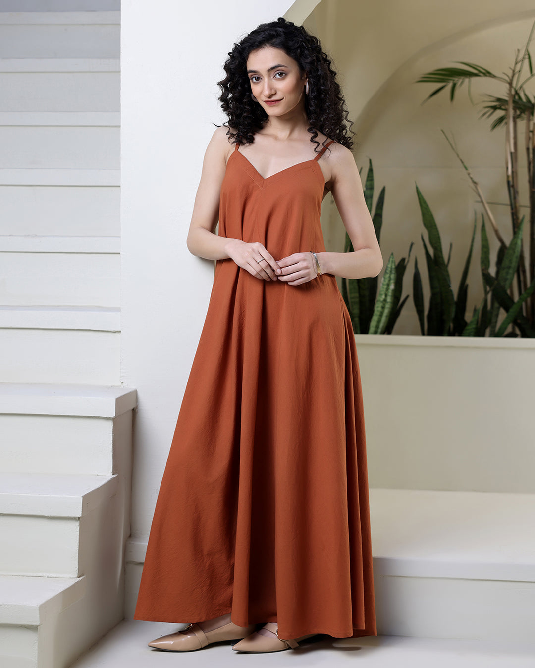 Rust Strappy Cotton Maxi Dress