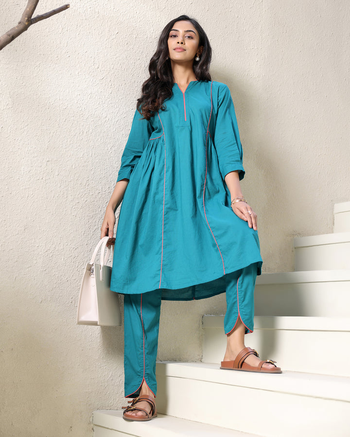 A-line Collar Teal Kurta Set