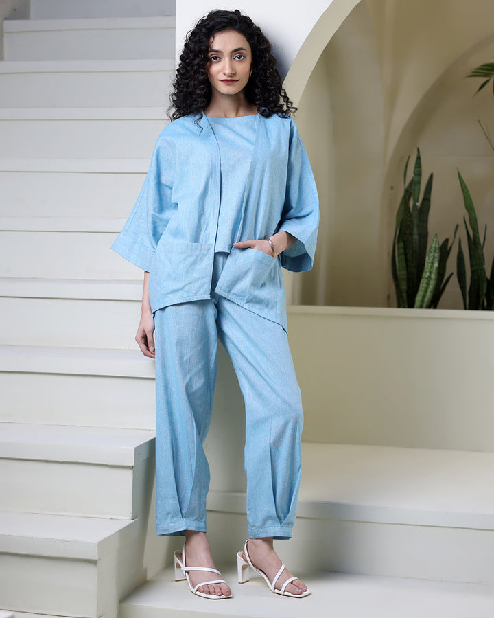 Sky Blue Cotton Jacket Co-ord Set