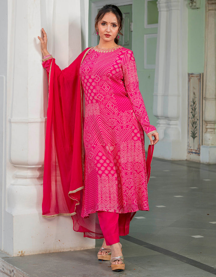 Pink Bandhej Muslin Suit Set