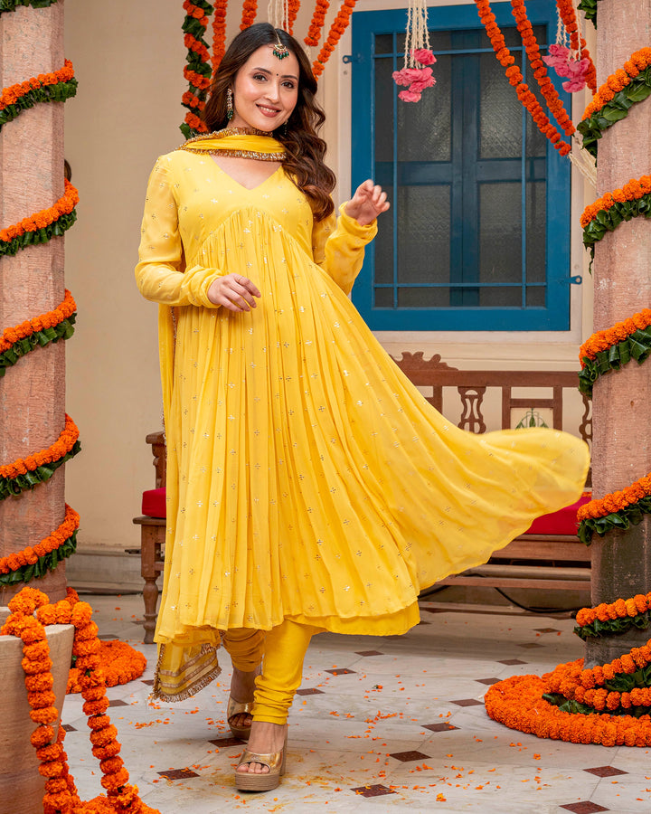 Mustard Mukaish Work Suit Set