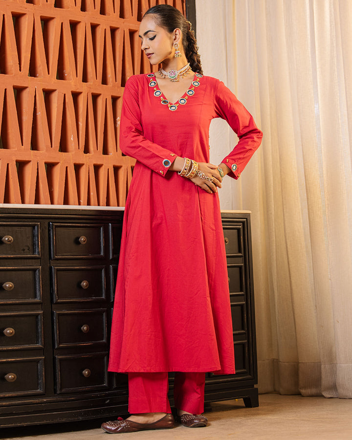 Vibrant Red Mirror Work Kurta Set