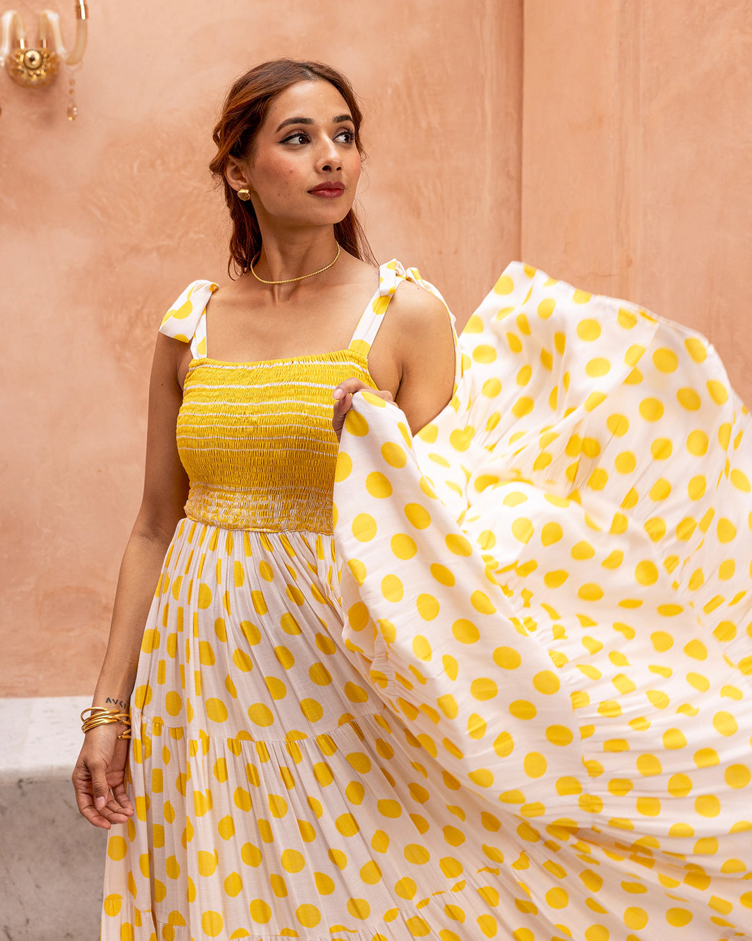 Yellow Smocked & Polka Dress