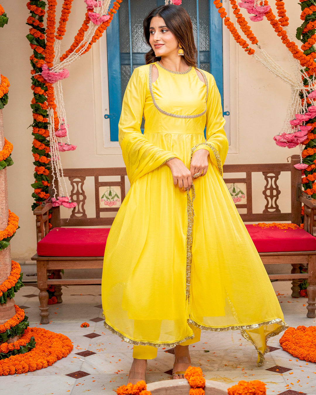 Yellow Chanderi Cut-Out Suit Set