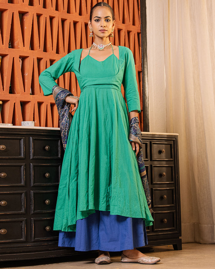 Color Block Green Blue Suit Set