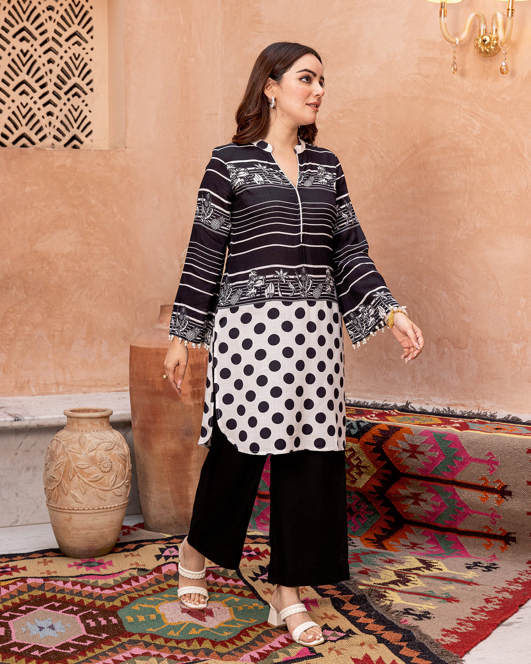 Black Stripe & Polka Kurta Set