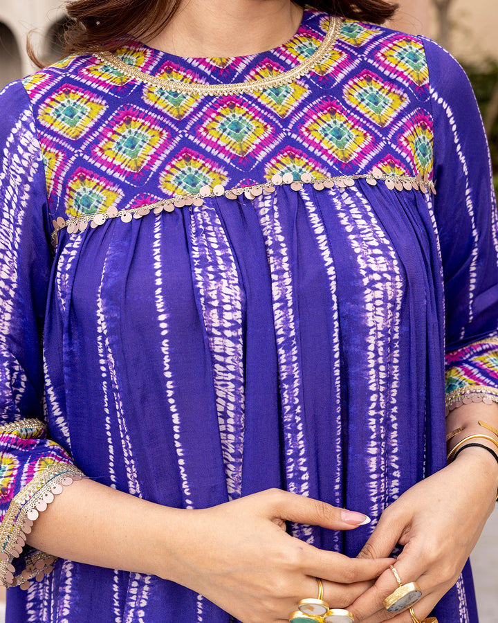 Blue Tie Dye Gathered Kurta Set