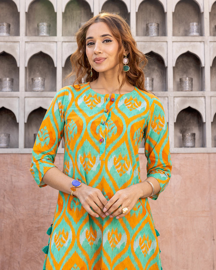 Orange Contrasting Ikat Kurta Set