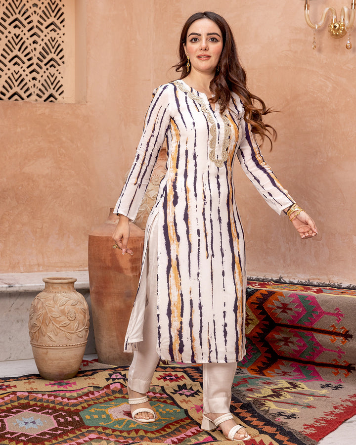 White Tie Dye Embroidered Kurta set