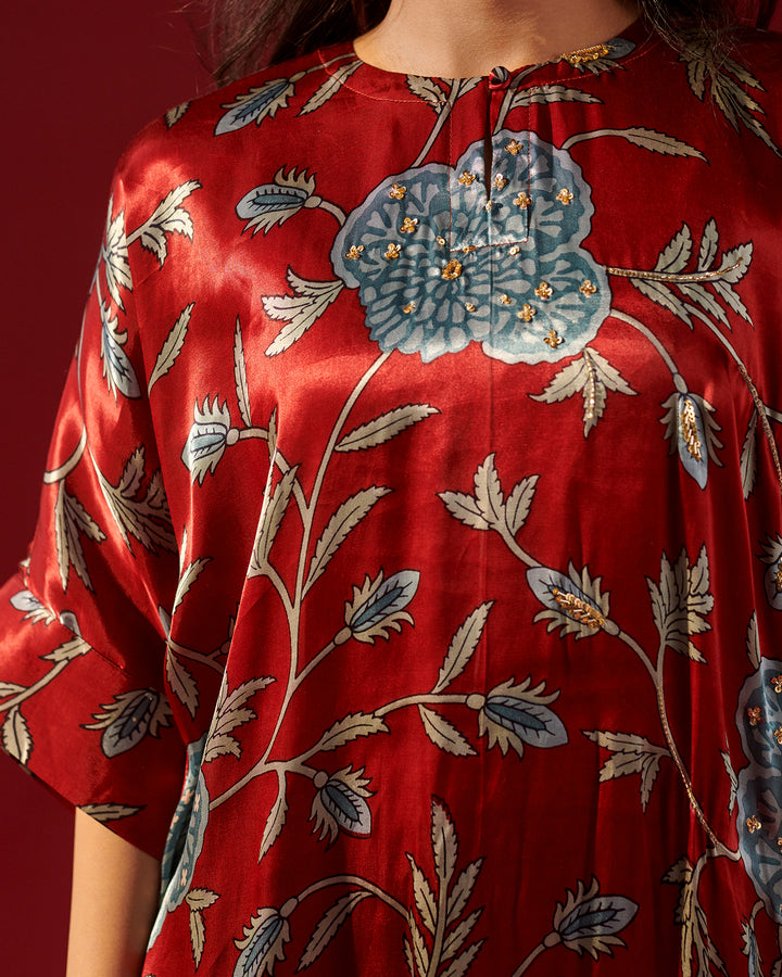 Red Floral Vine Kaftan Kurta Set