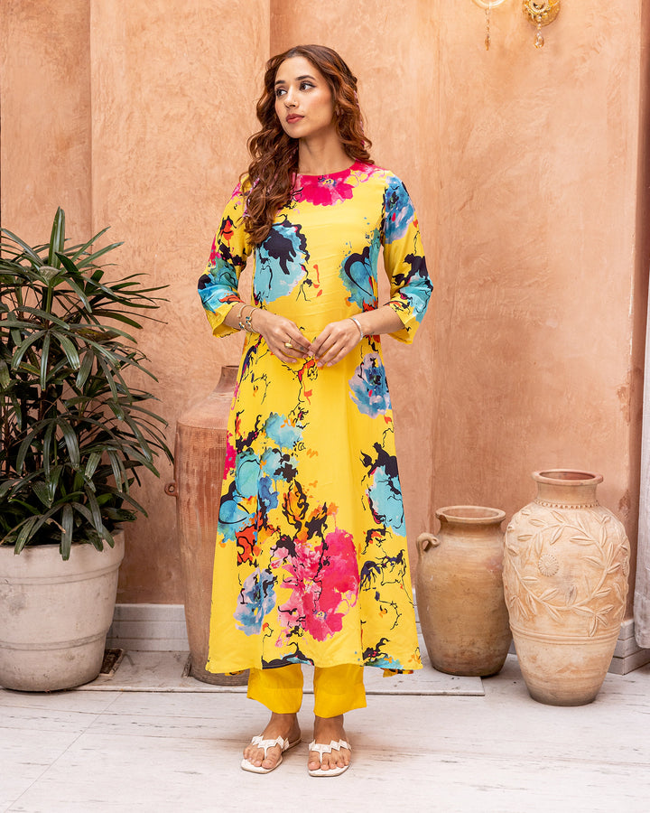 Yellow Aquarelle Blossom Kurta Set