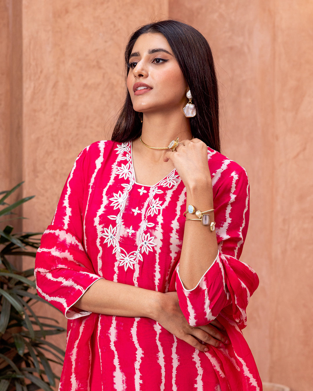Red Tie-Dye Embroidered Suit Set