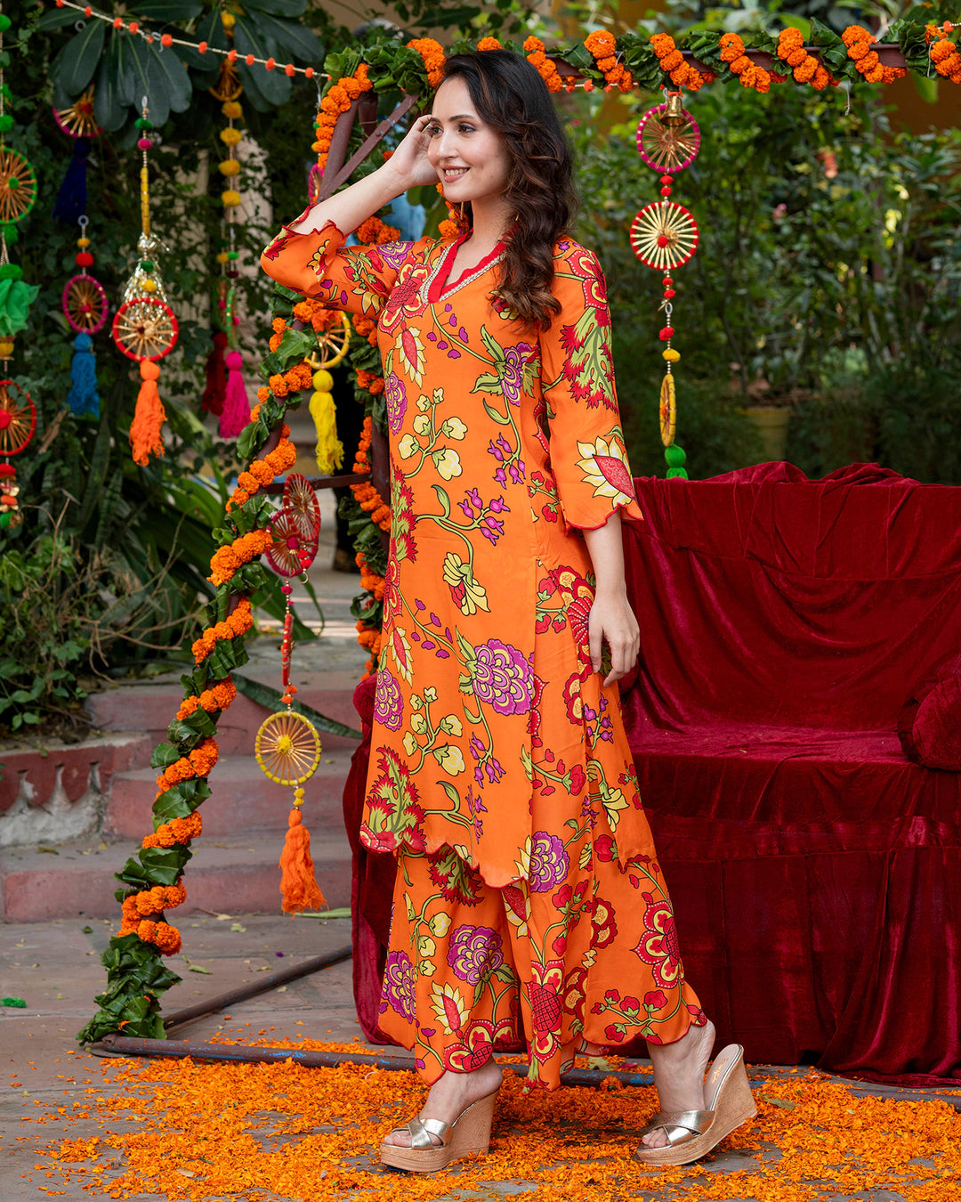 Orange Floral-Stroked Kurta Set