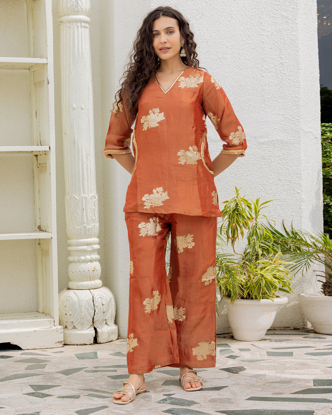 Rust Tissue Kurta Set