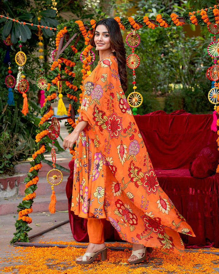 Orange Floral-Stroked Suit Set