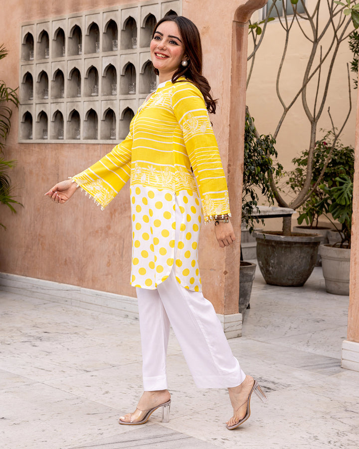 Yellow Stripe & Polka Kurta Set