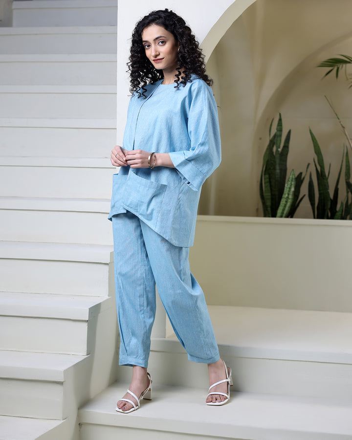 Sky Blue Cotton Jacket Co-ord Set