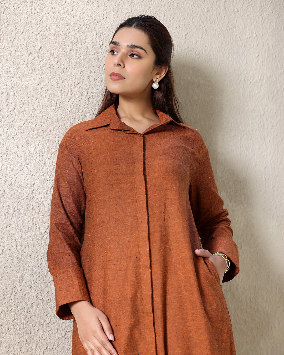 A-line Collar Brown Kurta Set
