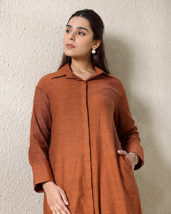 A-line Collar Brown Kurta Set