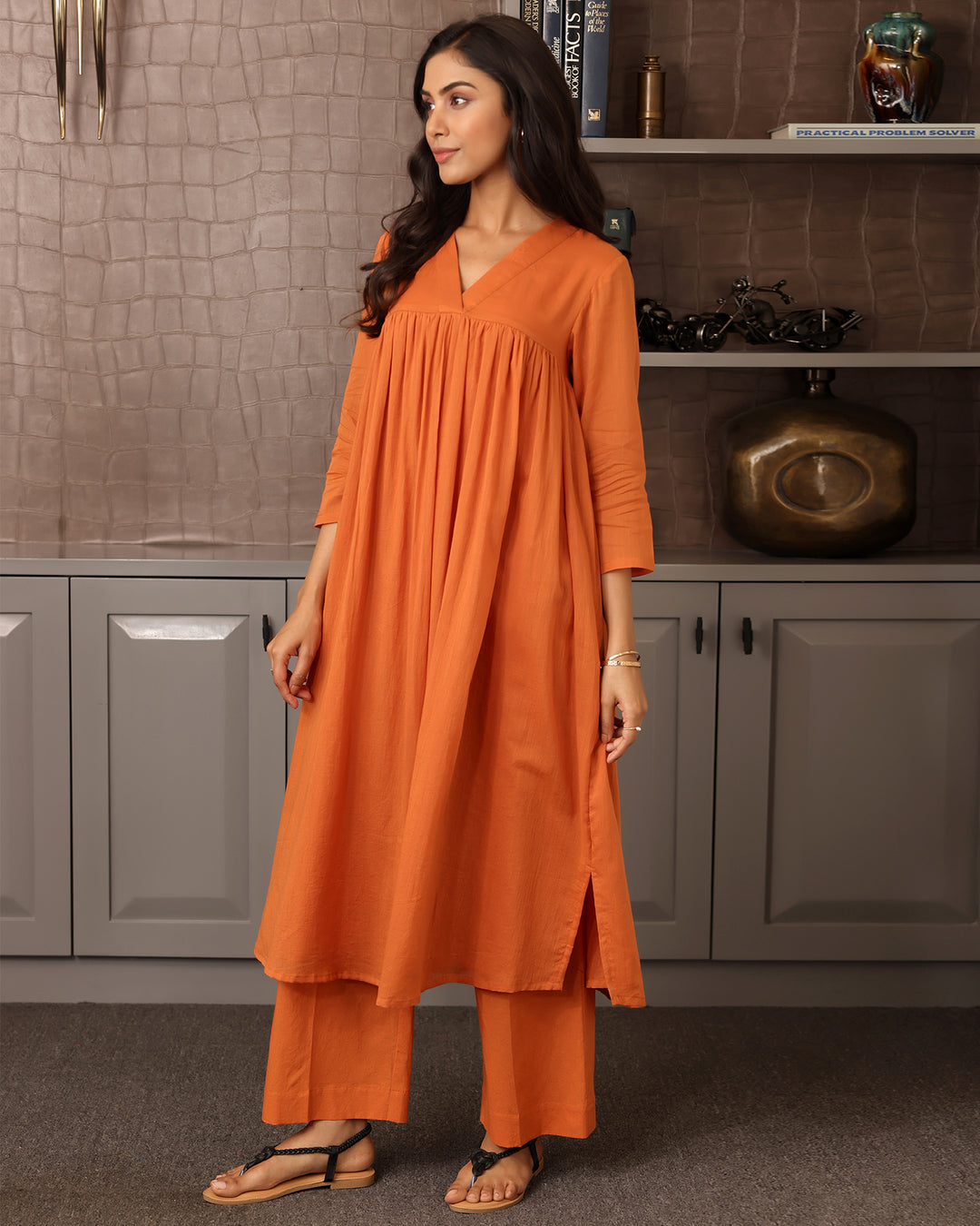 Orange A-line Mulmul Kurta Set