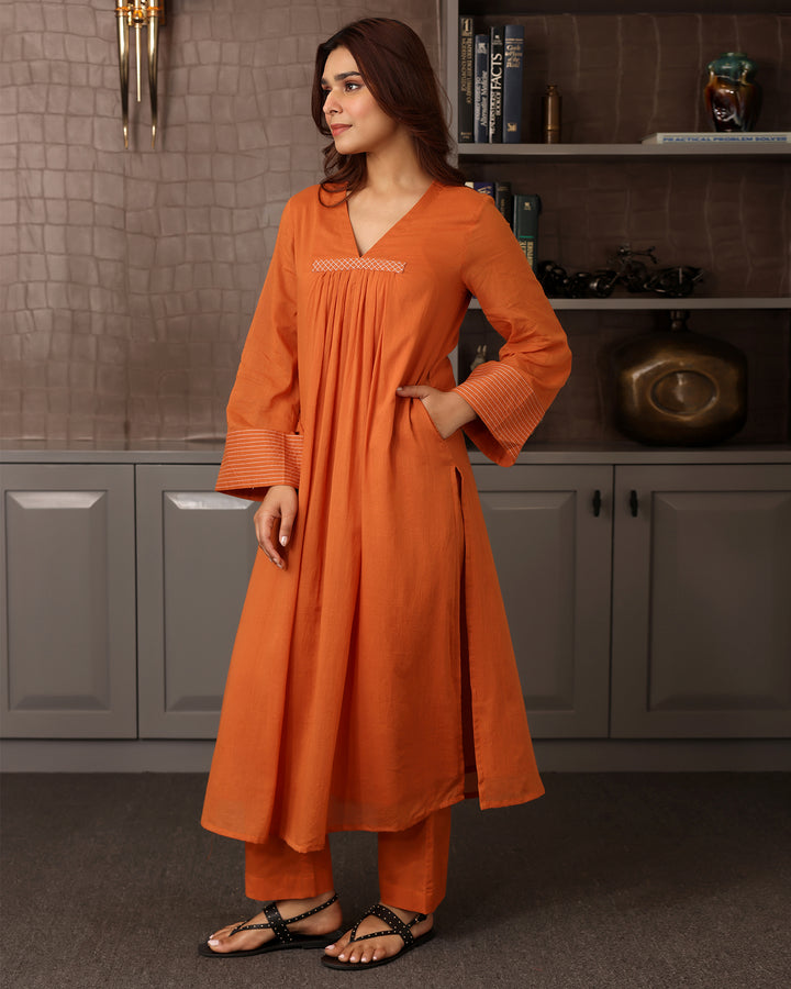 Orange Mulmul Gathered Kurta Set