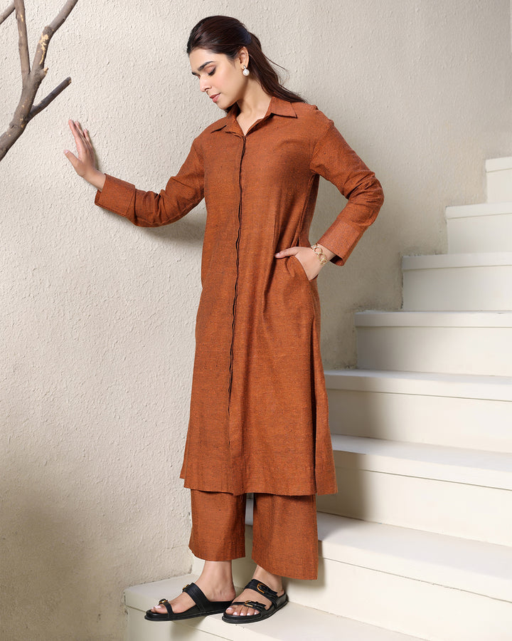 A-line Collar Brown Kurta Set