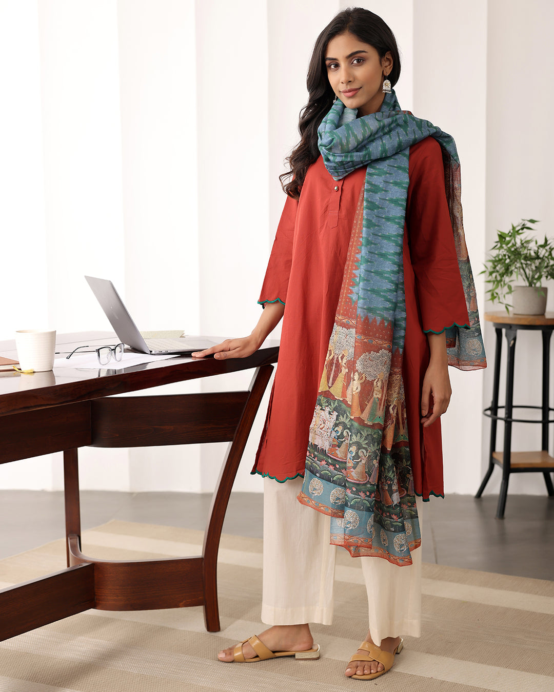 A-LINE BROWN KURTA- DUPATTA SET