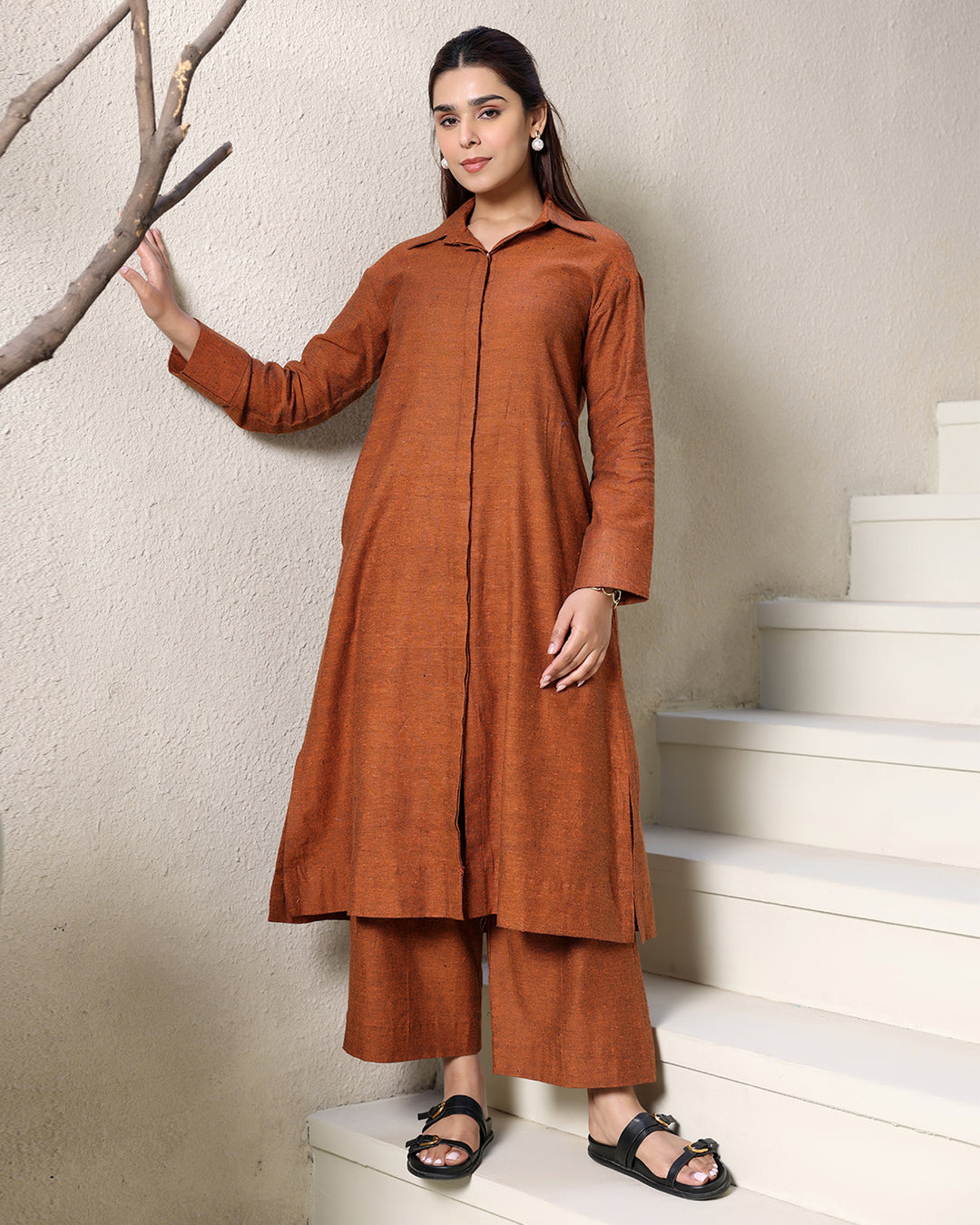 A-line Collar Brown Kurta Set