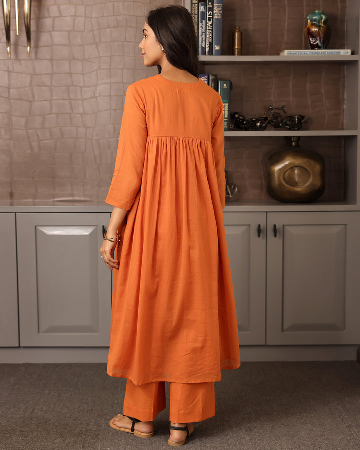Orange A-line Mulmul Kurta Set