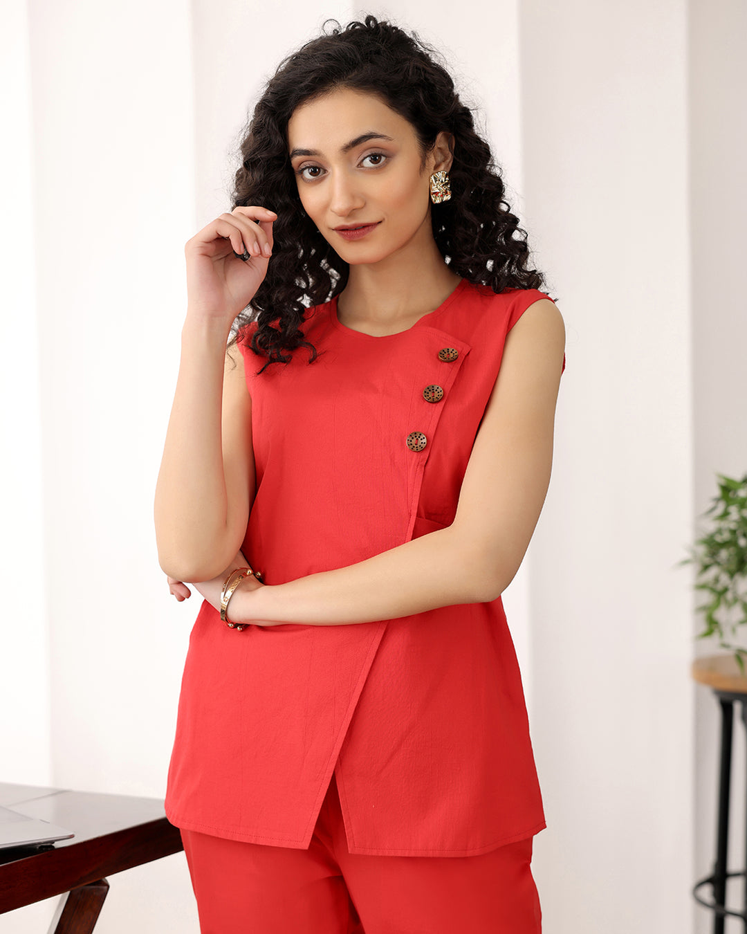 Red Cotton Wrap Top Co-ord Set