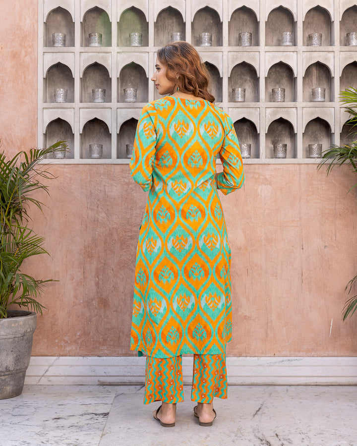 Orange Contrasting Ikat Kurta Set