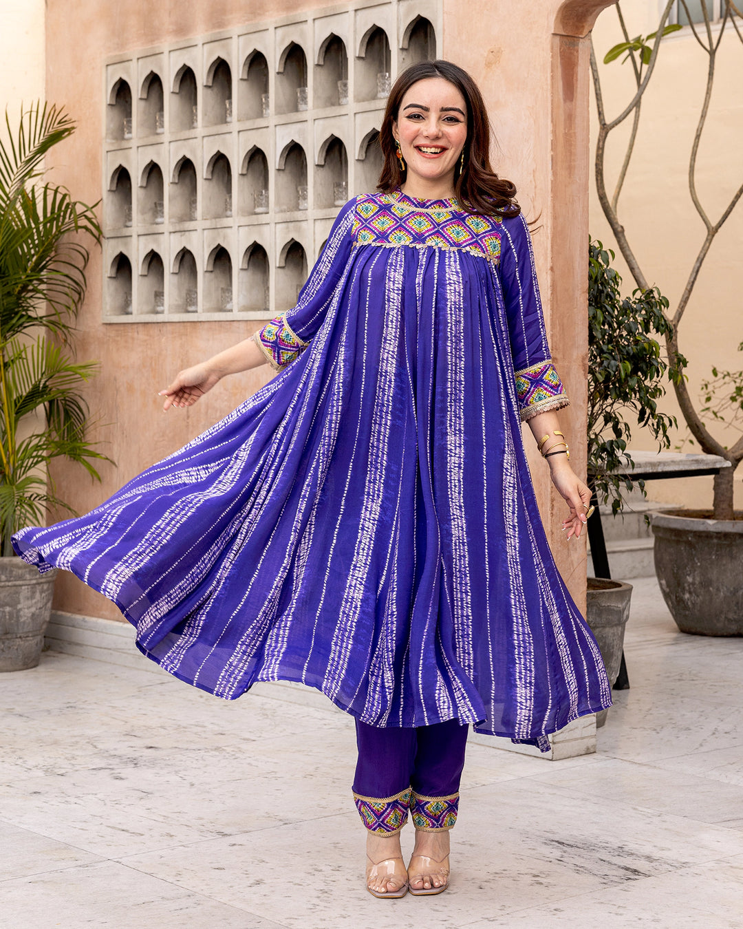 Blue Tie Dye Gathered Kurta Set